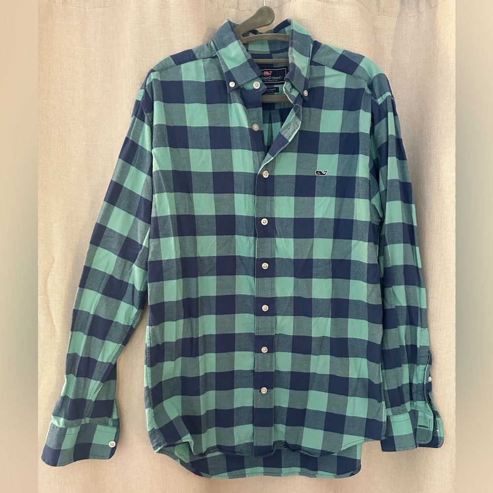 Vineyard Vines Men’s Blue and Green Checkered Shirt
